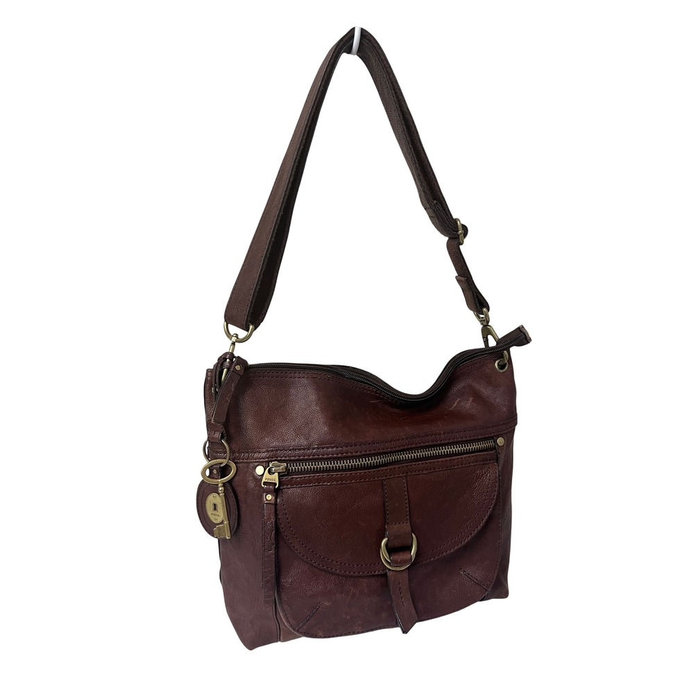 Fossil Crossbody Bag Women Medium Brown Excellent Leather Messenger Flap Pocket